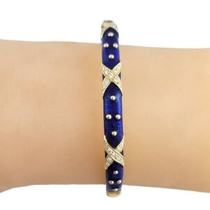 Hidalgo 18K Yellow Gold Blue Enamel Diamond X Hinged Bangle Bracelet #16086